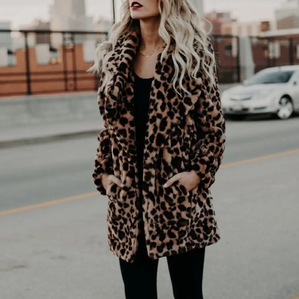 

Luxury Women Long Sleeve Lapel Collar Leopard Print Woolen Thick Warm Midi Coat