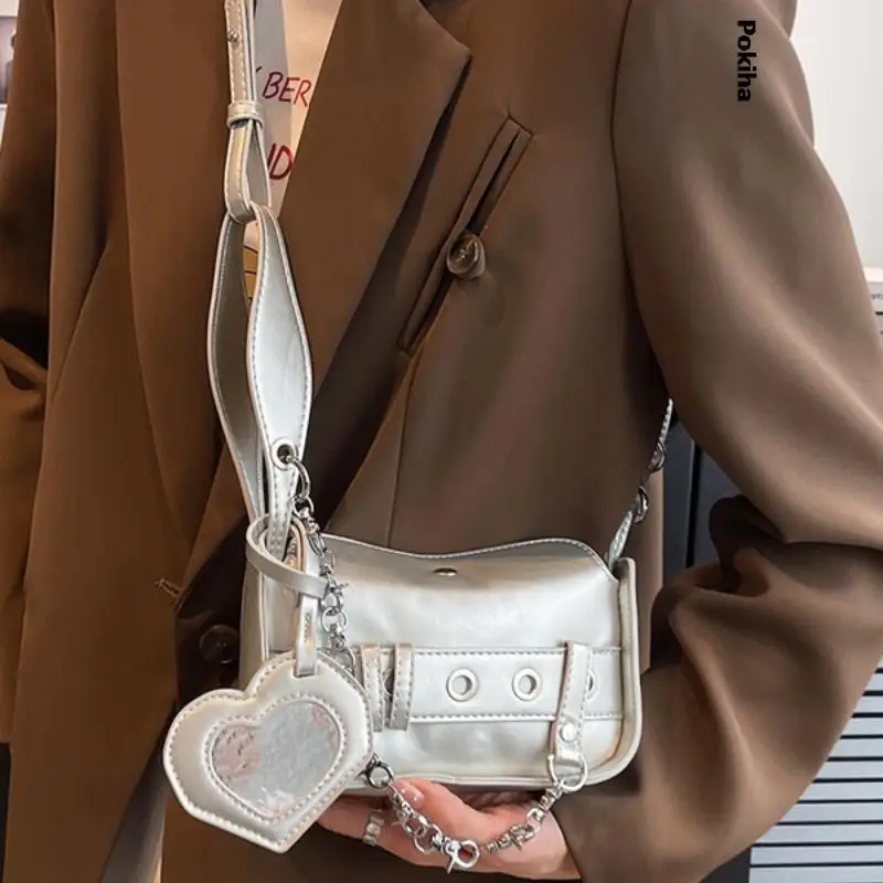 

Маленькая Серебристая сумка через плечо с цепочкой и регулируемыми ремешками, роскошные сумочки, женская дизайнерская кожаная сумка на пле...