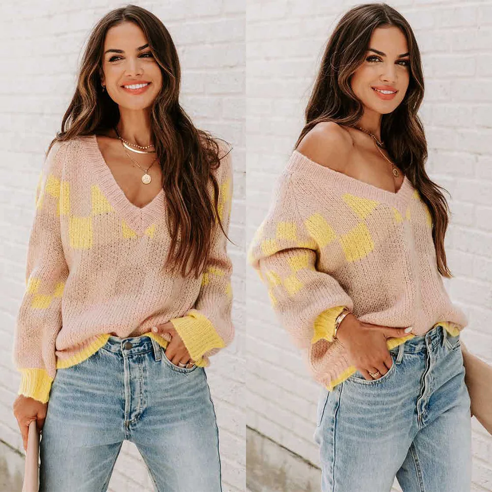 

2023 Women's New Women's Fashion Color Contrast V-Neck Long Sleeve Casual Loose Sweater
