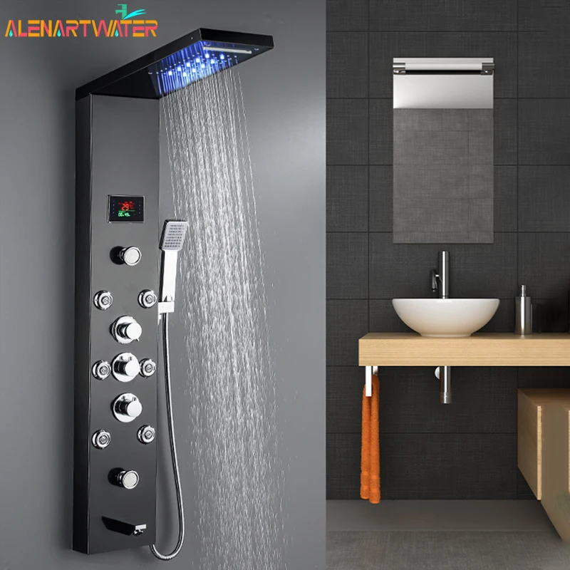 

LED Light Shower Panel Waterfall Rain Shower Faucet Set SPA Massage Jet Bath Shower Column Shower Mixer Tap Tower