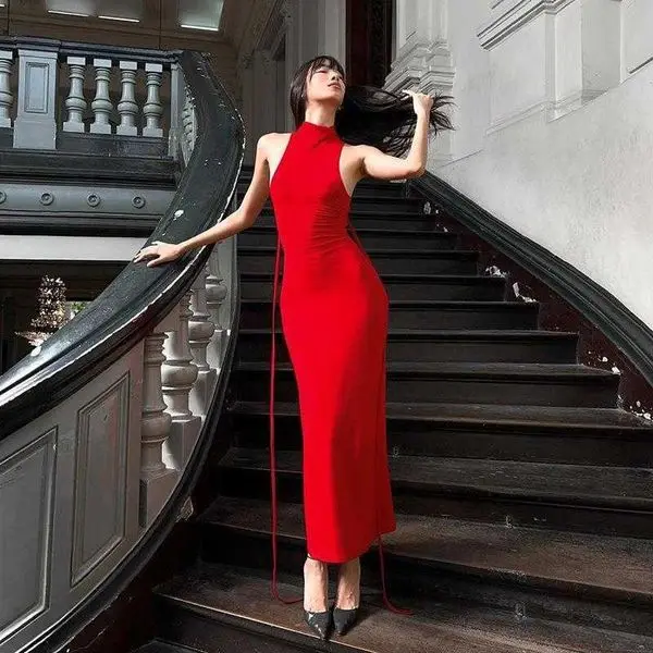 

Retro Style Back Feature Dresses Hollow Out Sleeveless Halter Slim Fit Graceful