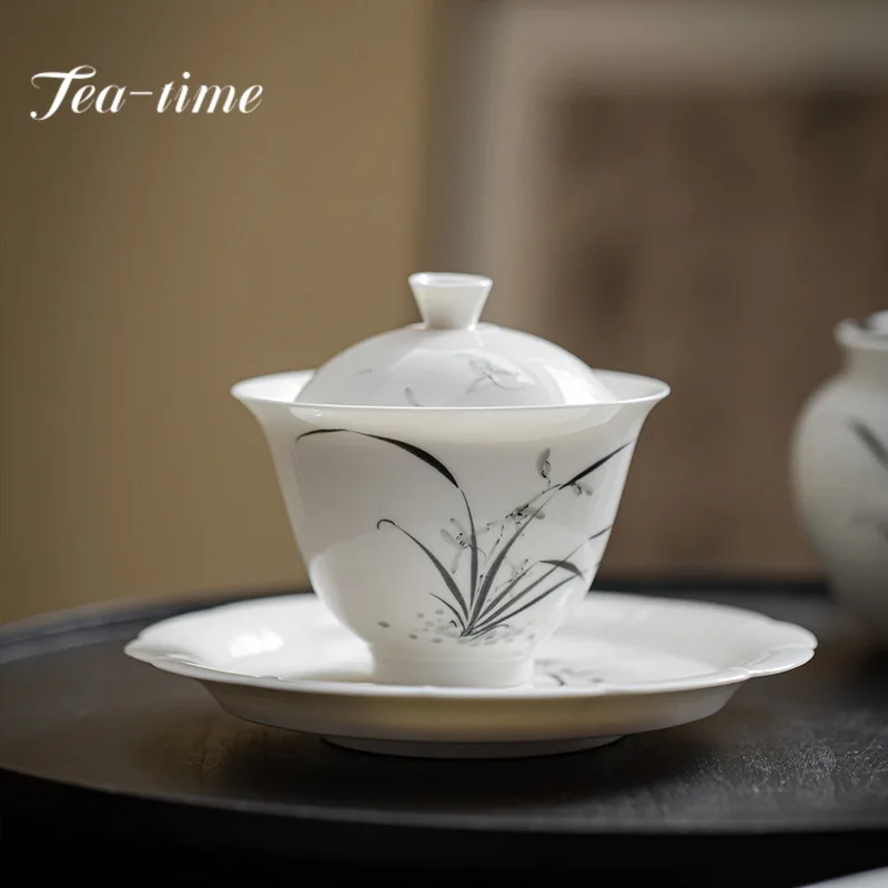 

170ml Under Glazed Hand Painted Orchid Tea Tureen Single Cup Ceramic Simple Teacups White Porcelain Cover Bowl Kung Fu Tea Set