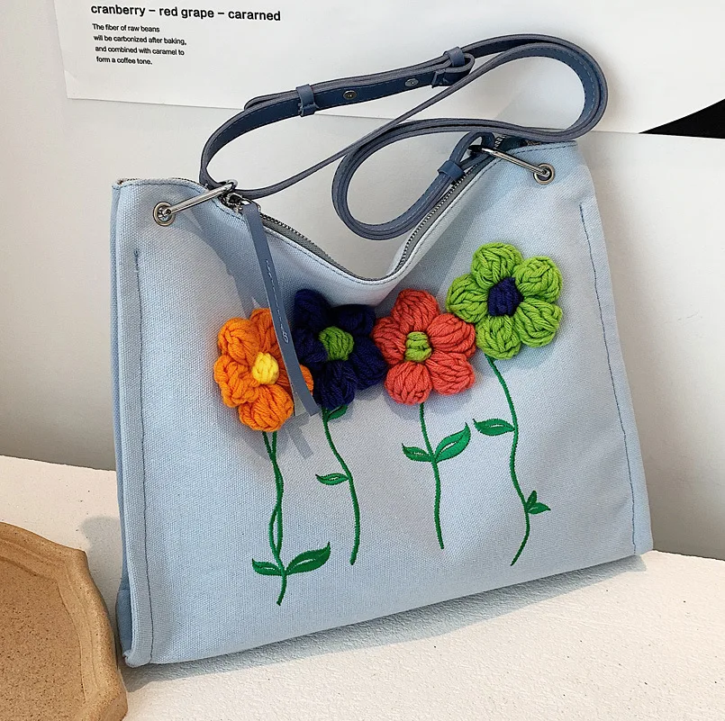 

2022 модная Холщовая Сумка-тоут для женщин, вместительная сумка через плечо, повседневная дизайнерская сумка с цветочной вышивкой, женские сумки через плечо