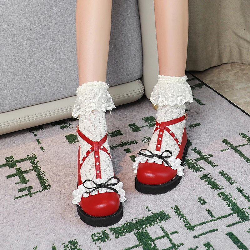 Women Fashion Flats Heel Bow Rivet Buckle Strap Platform Ruffles Round Toe Cosplay Elegant Mary Janes Shoes Lace Red Black White
