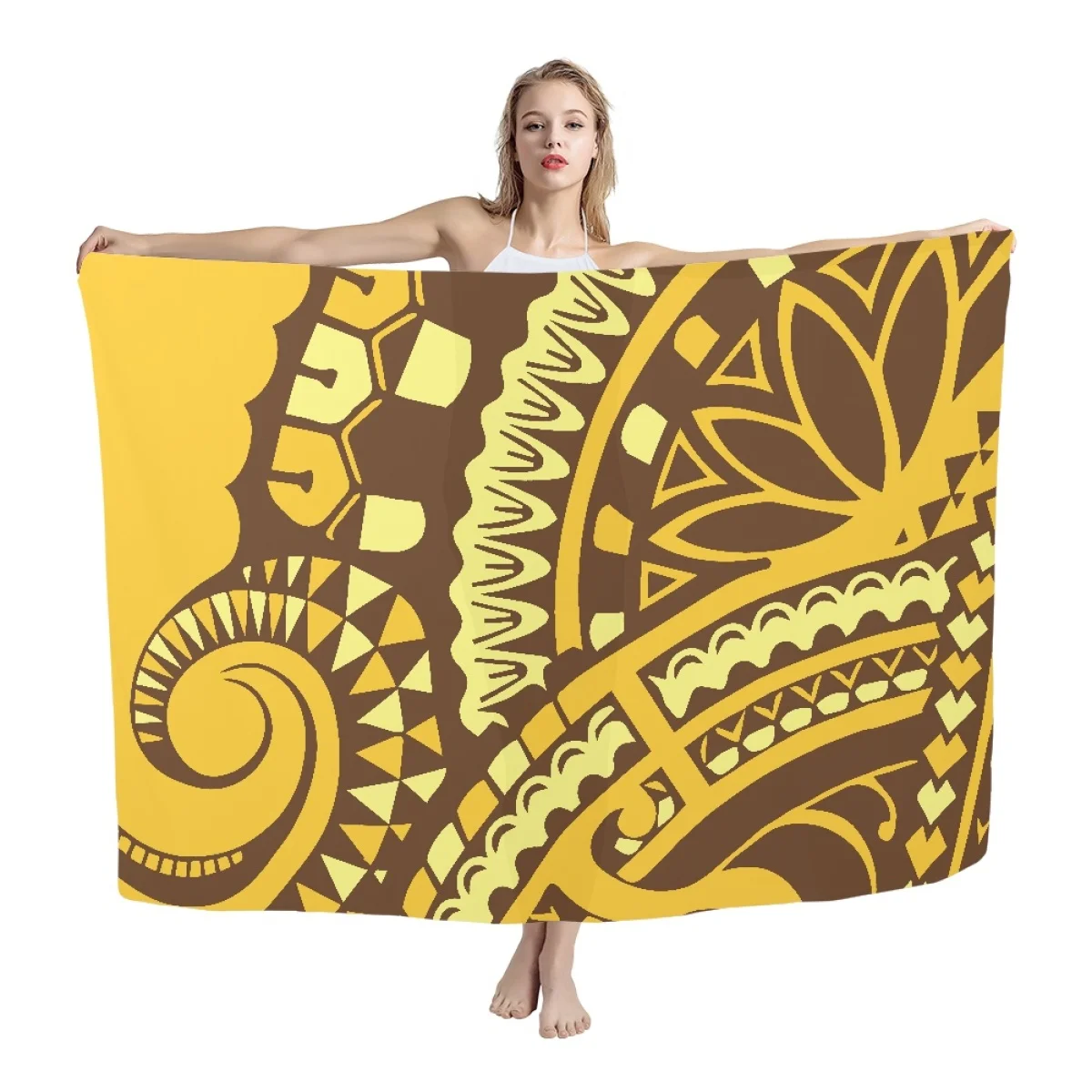 

HYCOOL Yellow Polynesian Hawaii Tribal Print Elegant Dress Luxury Beach Wear Lavalava Sarong Cover Ups For Swimwear Women 2023