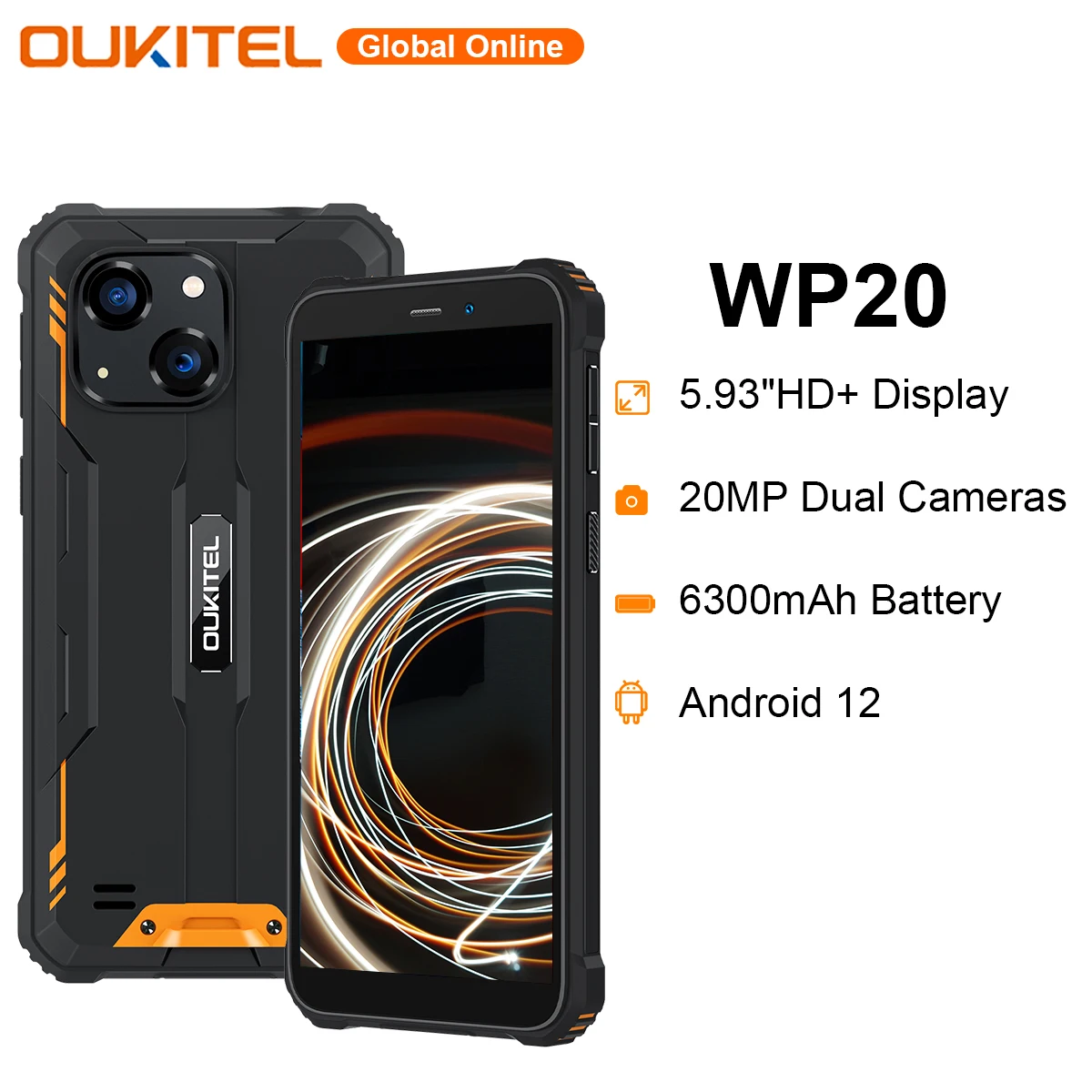 OUKITEL WP20 5.93'' HD+ Rugged Smartphone 4G+32G 6300 mAh Android 12 IP68&IP69K Mobile Phone Quad Core 20MP Cameras Cell Phone