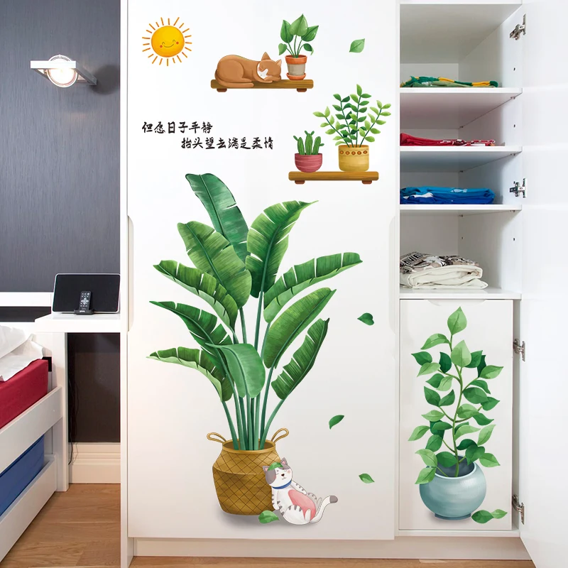 

[Shijuekongjian] наклейки на стену в горшке «сделай сам», наклейки на стену с зелеными растениями в горшке для гостиной, детской, спальни, украшение ...