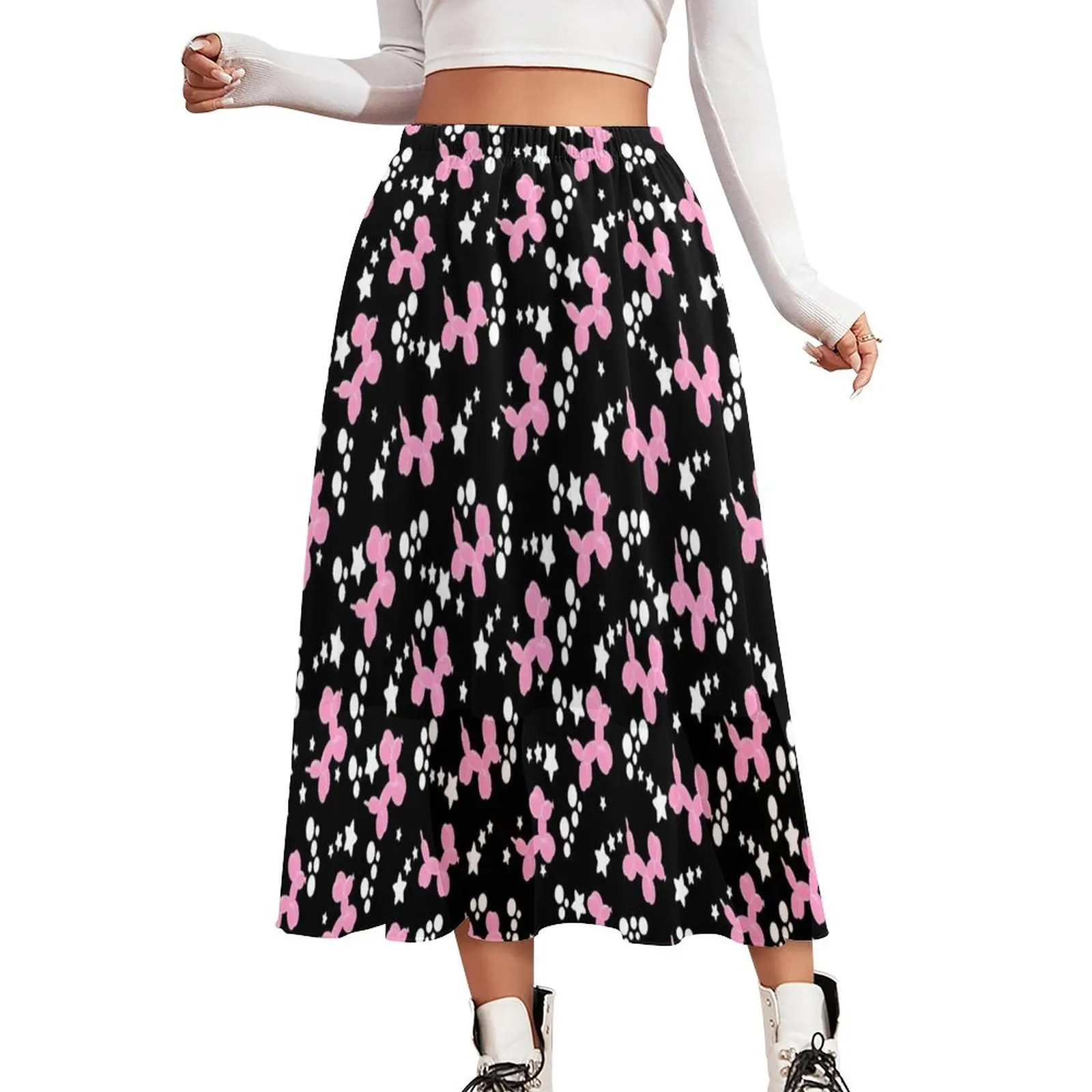 

Pink Balloon Dogs Skirt Womens Stars Pirnt Vintage Boho Skirts Pattern Elastic Waist Street Fashion Casual Skirt Big Size