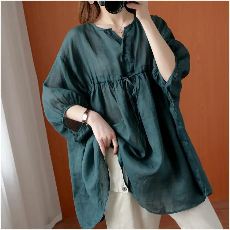 

Cotton Hemp Drawstring Top Women's Medium Long Summer Light V-neck Loose Belly Covering Thin T-shirt