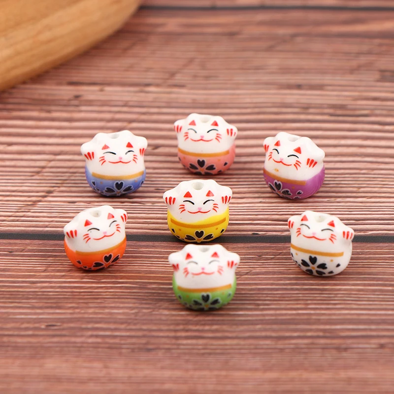 

5 шт., керамические бусины «Кот удачи», 14 мм