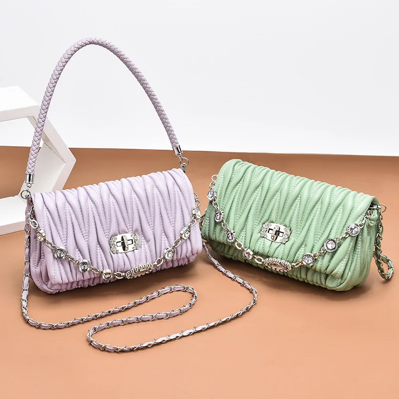 New Fashion Ladies Shoulder Bag Chain Pleated with Diamonds Small Bag for Women Luxury Designer Brand