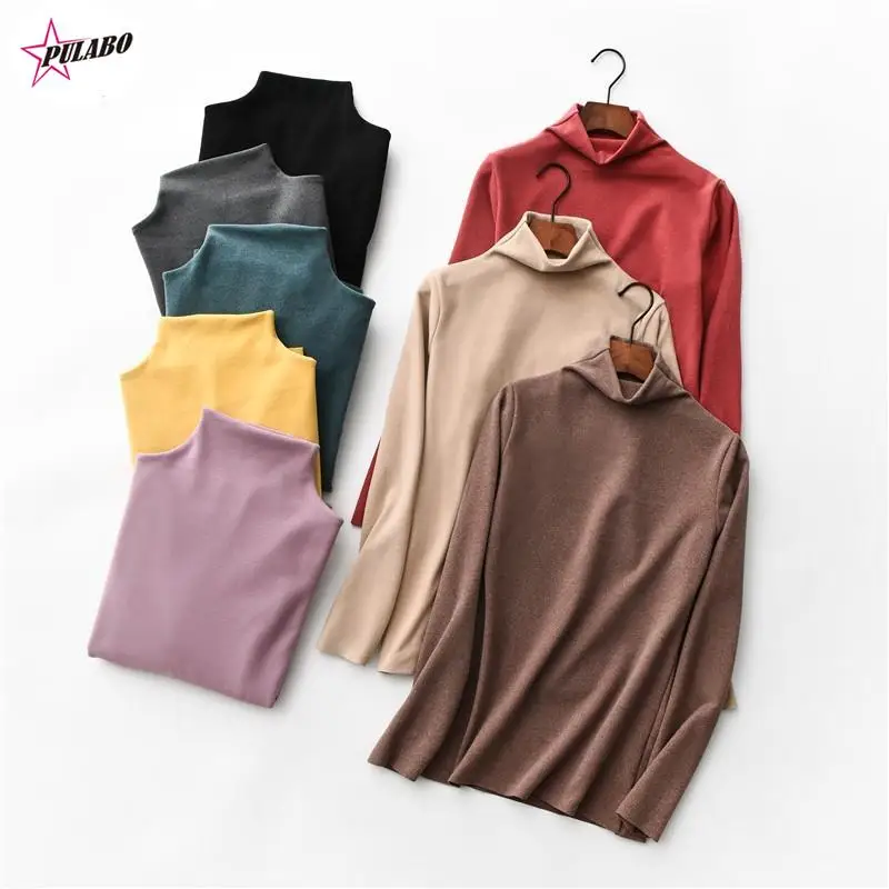 

Осенне-зимняя бесшовная Двусторонняя Футболка, женские толстые футболки с начесом и коротким воротником и длинным рукавом, теплые топы, фут...