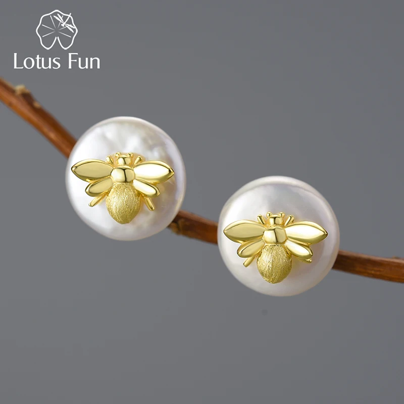 Lotus Fun Unusual Vintage Natural Baroque Pearl 18K Gold Bee Stud Earrings for Women Real 925 Sterling Silver Party Fine Jewelry