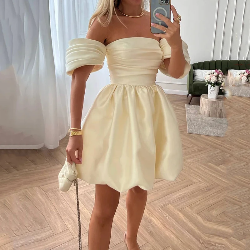 

2023 Female High Waist Club Dresses French Princess Puff Sleeve Solid Party Dress Chic Women One Shoulder Big Hem Short Dress