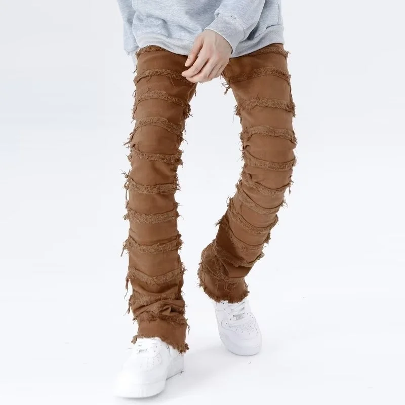 2023 American High Street Erosion Damaged Fur Vintage Jeans Men's Youth Trendy Straight Slender Slim Micro Pants Streetwear