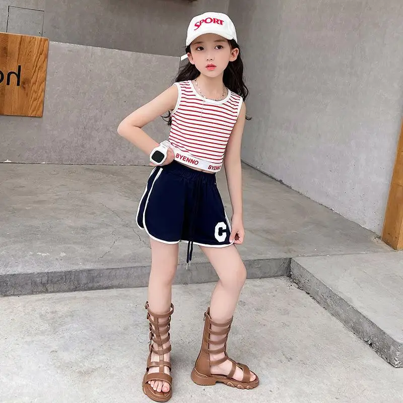 

2023 Kid Girls Clothes Sets Striped Vest Shorts Two-Piece Teen Thin Tracksuits Kids Sleeveless T-Shirt Shorts Outfits For 4-14Y