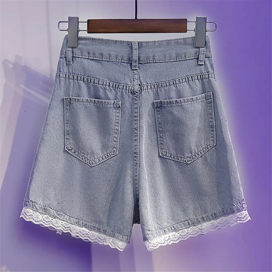 High Waist Beading Lace Eans Shorts Summer Wigh Leg Denim Short Fashion Pantalones Cortos Oversize 5xl Baggy Vaqueros Blue Pants