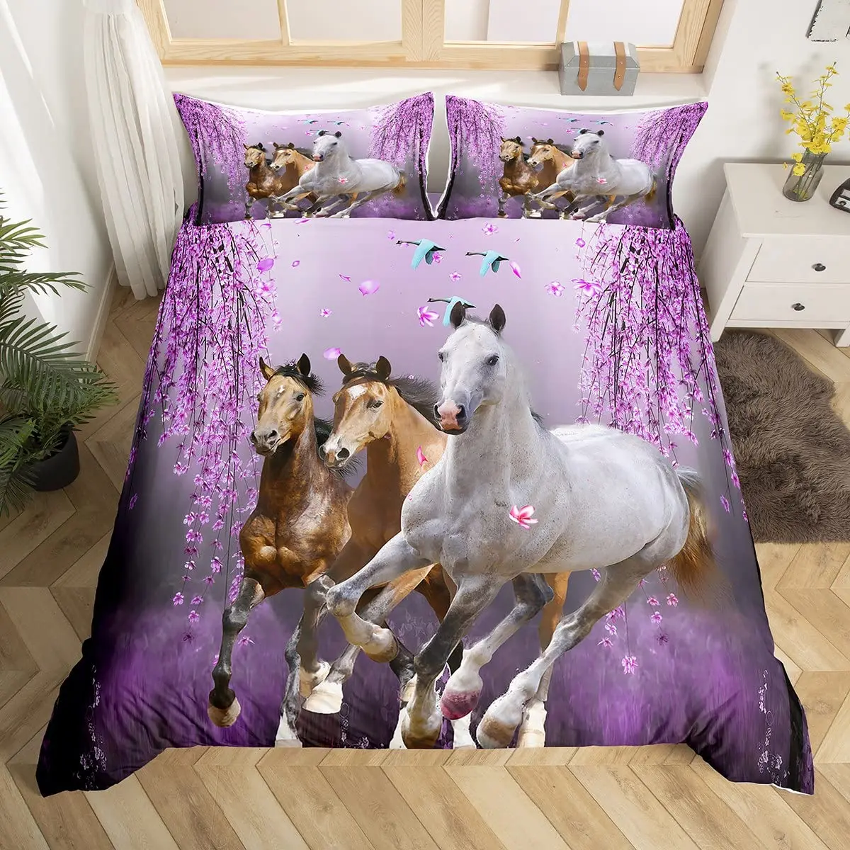 

Horse Duvet Cover Set Cherry Blossom Branches Lavender Purple Bedding Sets Galloping Horse Comforter Cover Quilt Cover 2/3pcs