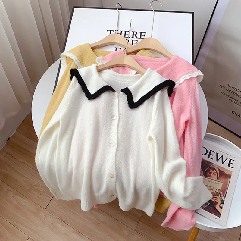 

DAYIFUN 2022 Peterpan Collar Knitted Women's Cardigan Thin Outer Wear 2022 Early Spring New Loose Korean Sweater Jacket A0309