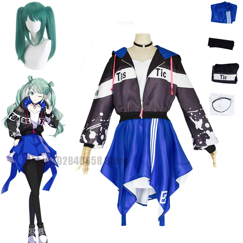 

Project Sekai цветная сцена! Подвиг. Женский костюм для косплея Cos Project Diva Singer, зеленая юбка 55 см с париком