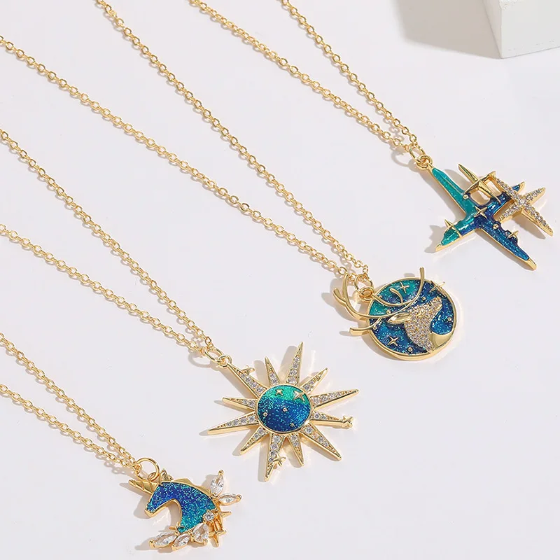 

2023 New Fashion Women Ins Vintage Zircon Inlaid Oil Drip Sun Star Deer Unicorn Pendant Gold Clavicle Chain Necklace Jewerly