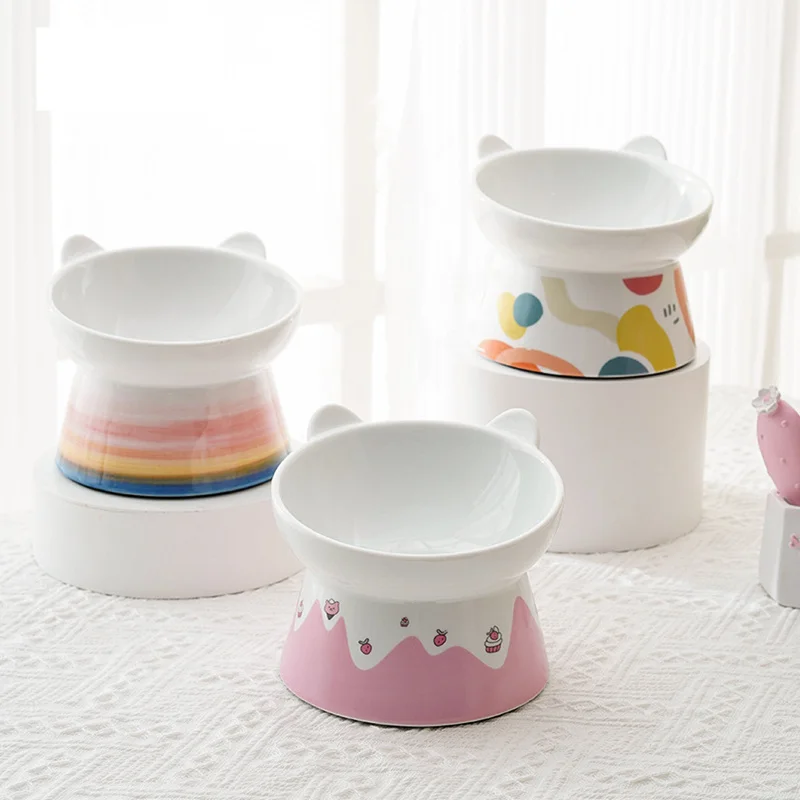 

Pet Cat Bowl Ceramic Food Bowl Oblique Mouth Food Bowl Cat High Bowl Anti-overturning High Foot Oblique Mouth Meal Clean Bowl