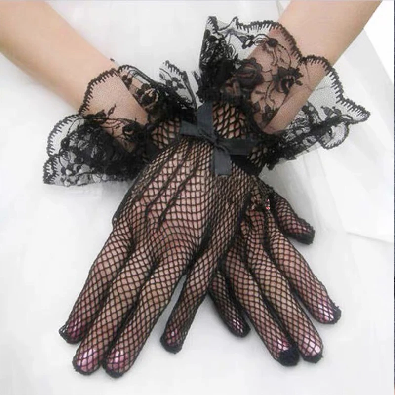 

1 Pair Women Black White Uv-proof Driving Gloves Mesh Fishnet Hollow Gloves Lace Mittens Full Finger Girls Lace Fashion Gloves