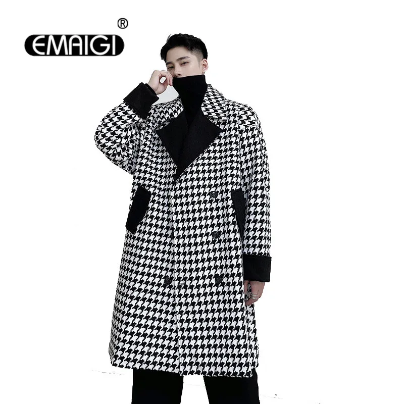 

Men Houndstooth Double Breasted Loose Plaid Woolen Trenchcoat Autumn Winter Male Streetwear Vintage Casual Trench Jacket