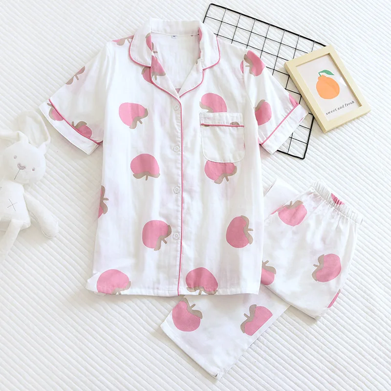 Японский новый стиль летние женские 100% хлопок марлевые пижамы набор сладкий и