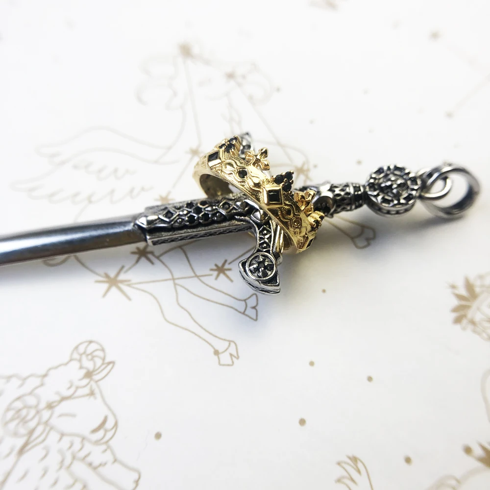Large Sword With Crown Pendant Fashion Vintage Jewelry Europe 925 Sterling Silver Gift For Woman & Men
