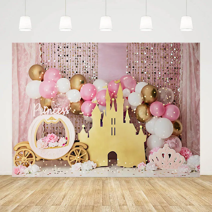 

Girl 1st Birthday Party Photography Background Pink Gold Balloons Princess Cake Smash Floral Castle Decor Photo Backdrop Studio