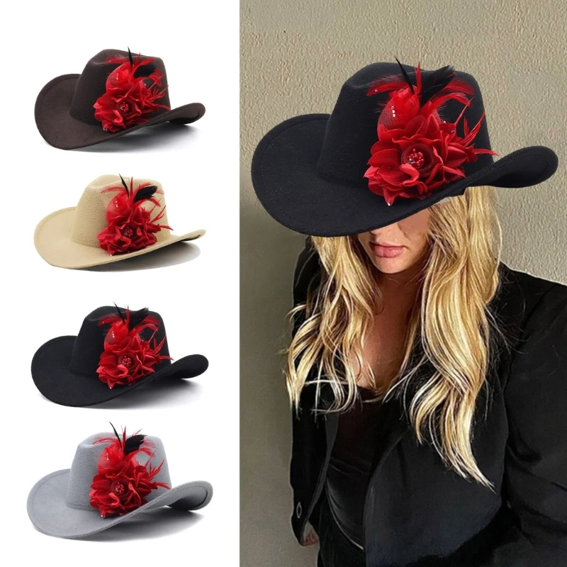 

Забавные вечерние шляпы, шляпа в стиле пастушки, женские ковбойские шляпы с цветочными перьями для женщин, федора, шляпа в стиле