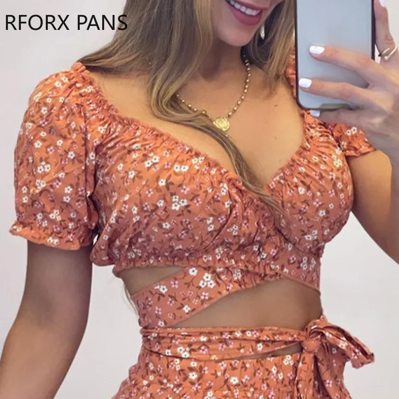 Женский шикарный укороченный топ Gdisty с цветочным принтом и оборками на подоле