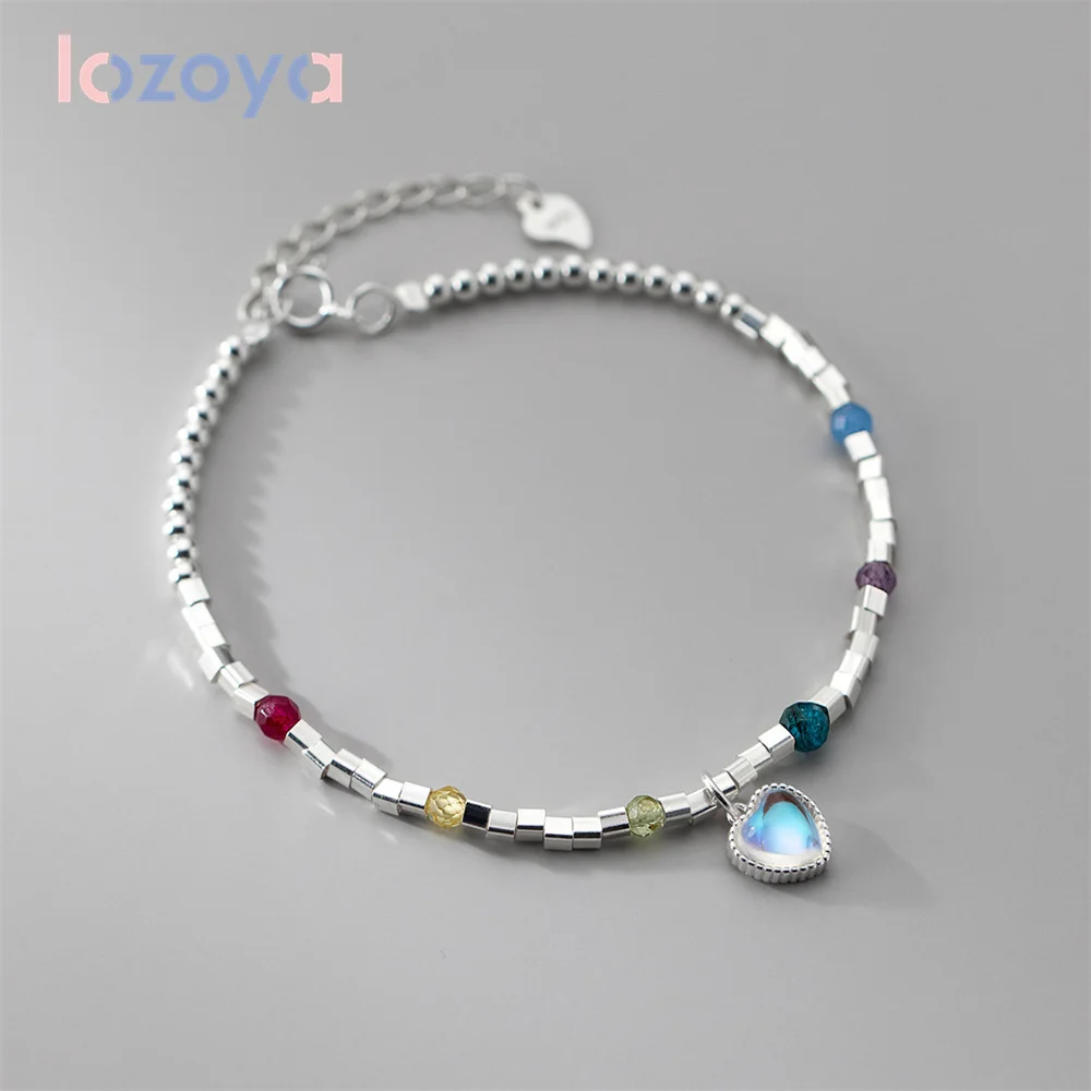 

LOZOYA Luxury 925 Sterling Silver Original Bracelet For Women Simple Square Synthetic Glass Heart Pulsera CZ Hand Chain Jewelry