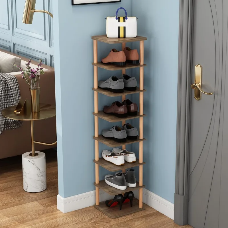 

8 Tiers Vertical Shoe Rack, Narrow Organizer, Stylish Wooden Shoe Storage Stand, Space Saving Shelf Tower, Free Standing for