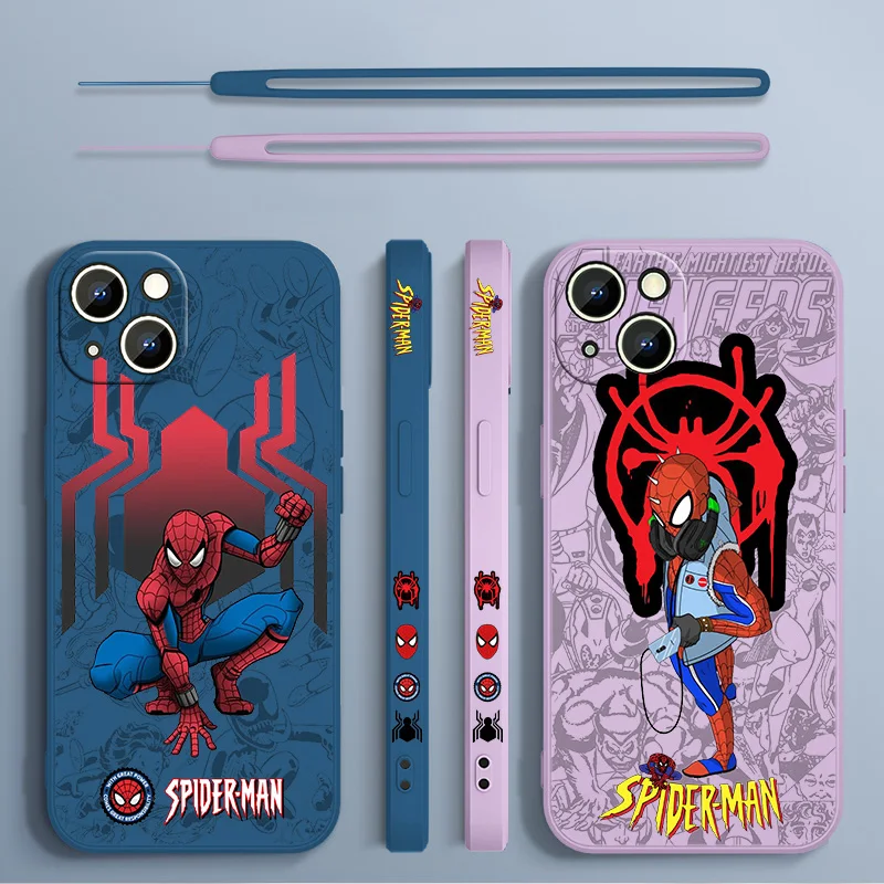 

Marvel Spider Man Phone Case For Apple iPhone 14 13 12 mini 11 Pro 8 7 6S 6 Plus XR XS X Max Liquid Left Rope Cover