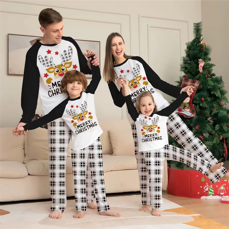 2023 Christmas Elk Family Matching Outfits Plaid Father Mother & Children Pajamas Set Mommy and Me Xmas Pj's Clothes Tops+Pants