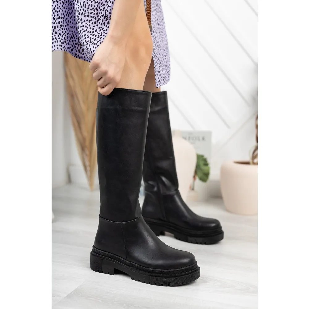 

Dorlie Black Skin Zipper Thick Soled Below-Knee Women 'S Boots