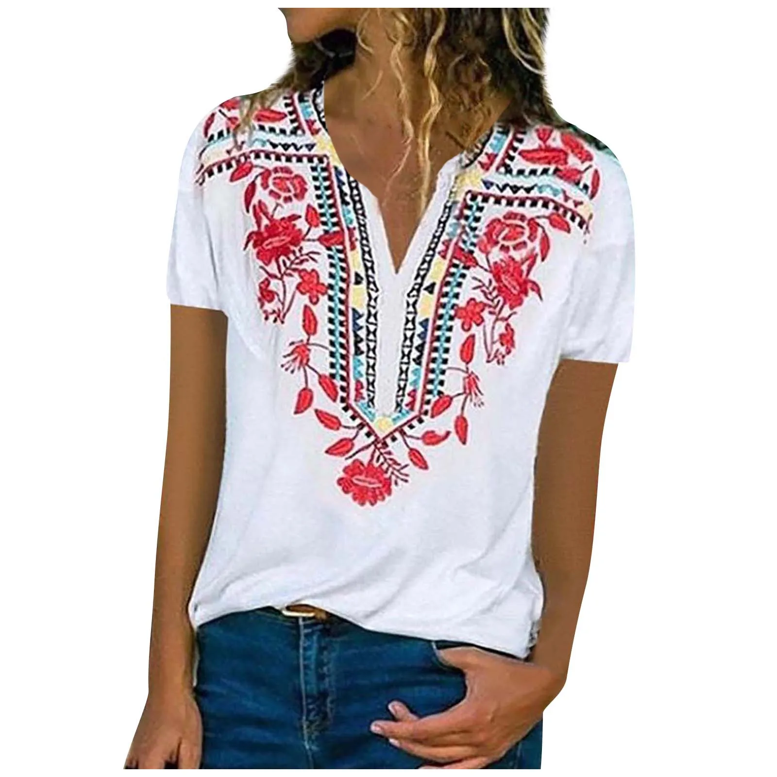 

Women T Shirts V-Neck Short-sleeve Fashion Loose Fit Tops