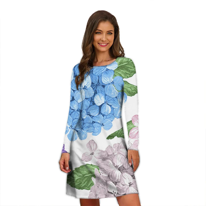 

2022 European And American Autumn New Print Long-sleeved Dress Round Neck Long T Ladies Dress Fashion Women's Clothing