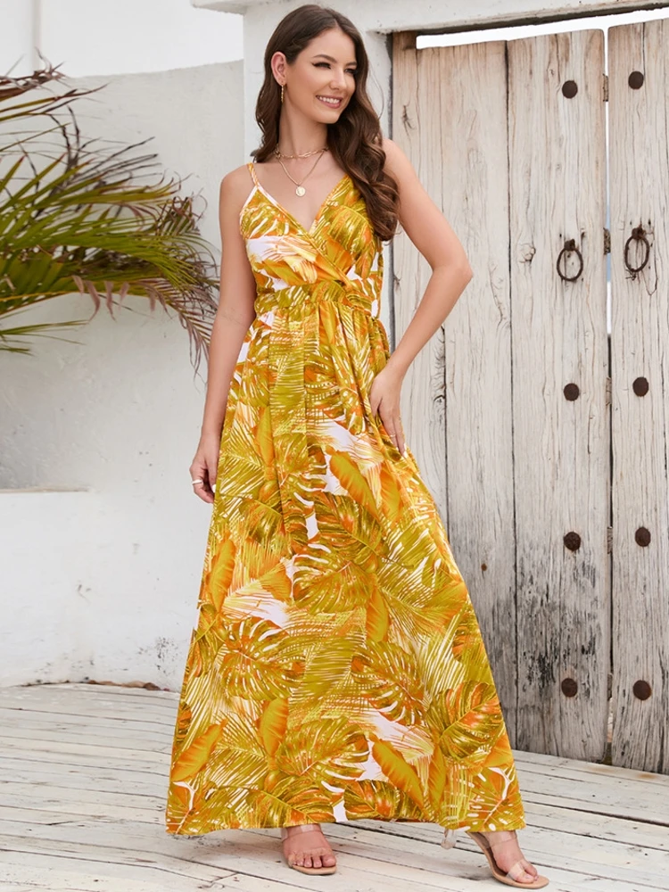 

Женское богемное платье-макси, повседневное облегающее пляжное платье на бретельках в стиле ретро, элегантные праздничные плиссированные ...