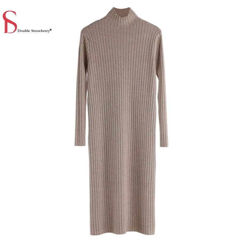 

Женское зимнее Трикотажное Шерстяное Пальто до колена, новое плотное платье-свитер с высоким воротником