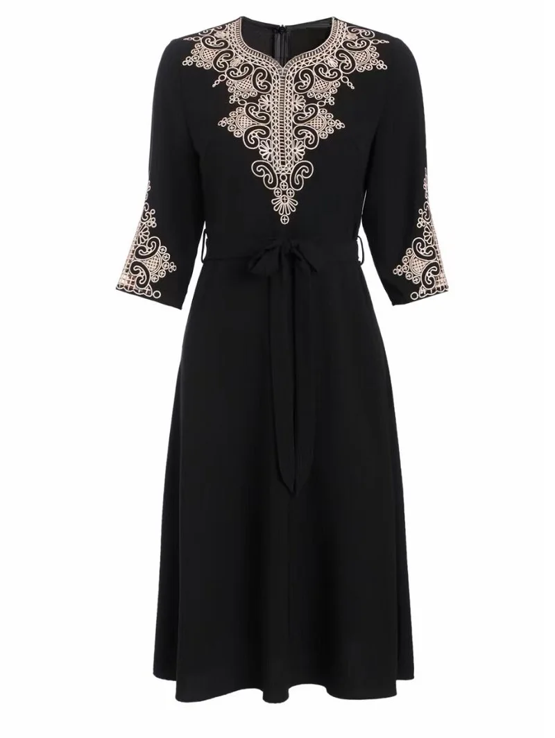 Luxury Dress 2022 Summer Fashion Style Women Hollow Out Embroidery 3/4 Sleeve Mid-Calf Sweet Pink Black Elegant Dress 3xl 4xl