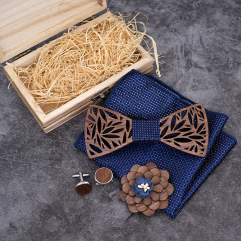 

Деревянный галстук-бабочка, набор носовых платков для мужчин, искусственная древесина, вырезанный цветочный дизайн и коробка, модные новые ...