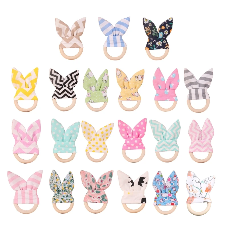 

Wooden Baby Teether Handshake Bell Ring for w/ Cotton Cloth Rabbit Ears Natural Molar Rod Infant Teething Pain Relief To H055