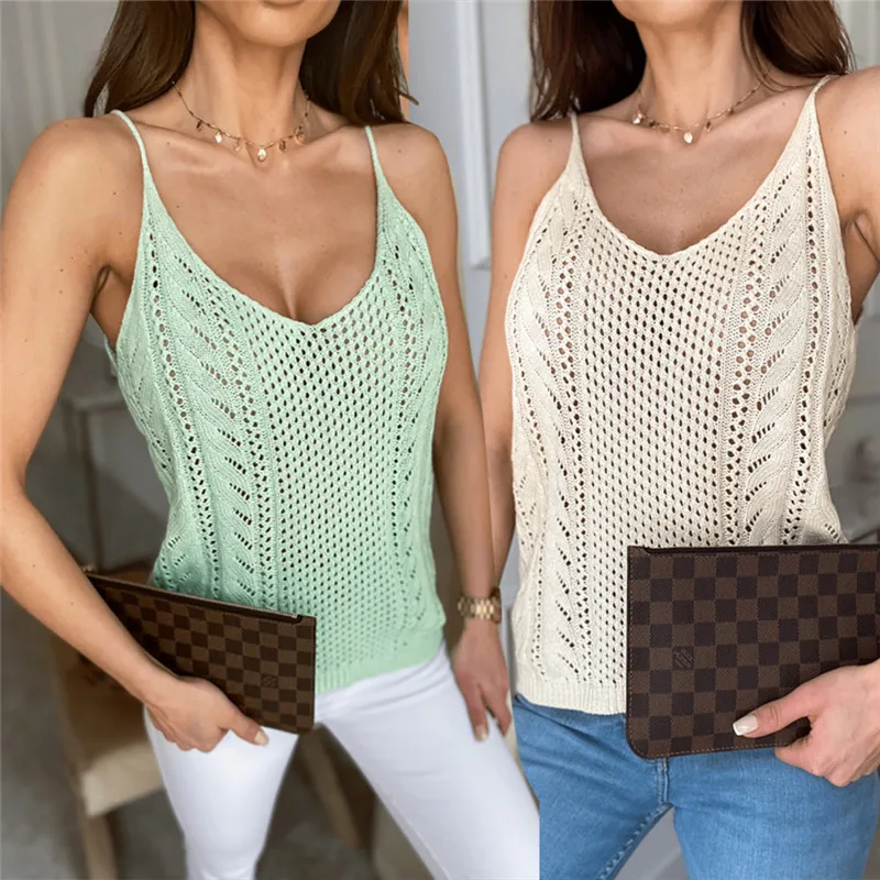 

Women Spaghetti Strap Knitted Camisoles Summer Casual Solid Color V-Neck Vest Tops Office Lady Hollow Out Crochet Camis