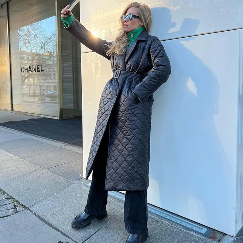Ardm Elegant Quilted Belt Winter Jacket for Women 2022 Super Hot Lapel Long Coat Green Loose Warm Plaid Top Casual Coats Female