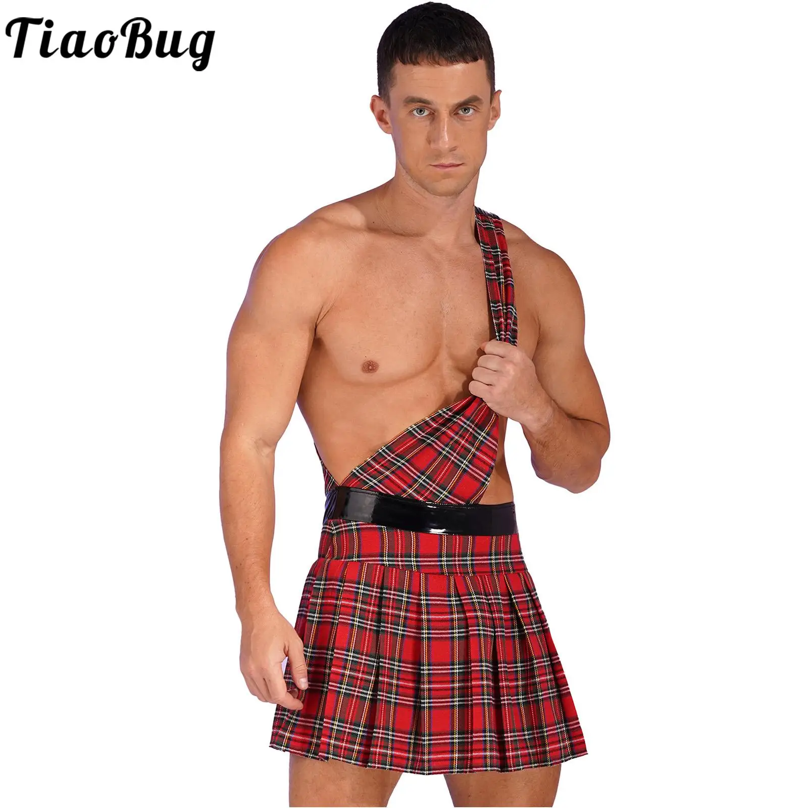 

Mens Halloween Cosplay Costume One Shoulder Pleated Plaid Skirt Zipper Skirts Knight Warrior Costume Ancient Greek God Underwear