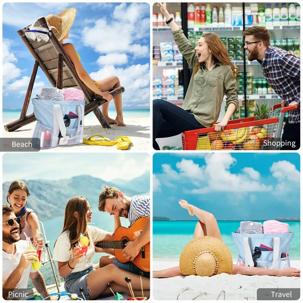 Mesh Beach Bag  Women Large Lightweight Waterproof Sandproof Beach Tote Bags with 8 Side Pockets  Gym Beach Travel Shopping Picn