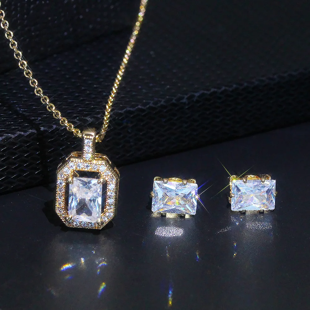 

Gold Color Engagement Wedding Jewelry Sets Zircon Stud Earrings and Pendant Necklace for Women